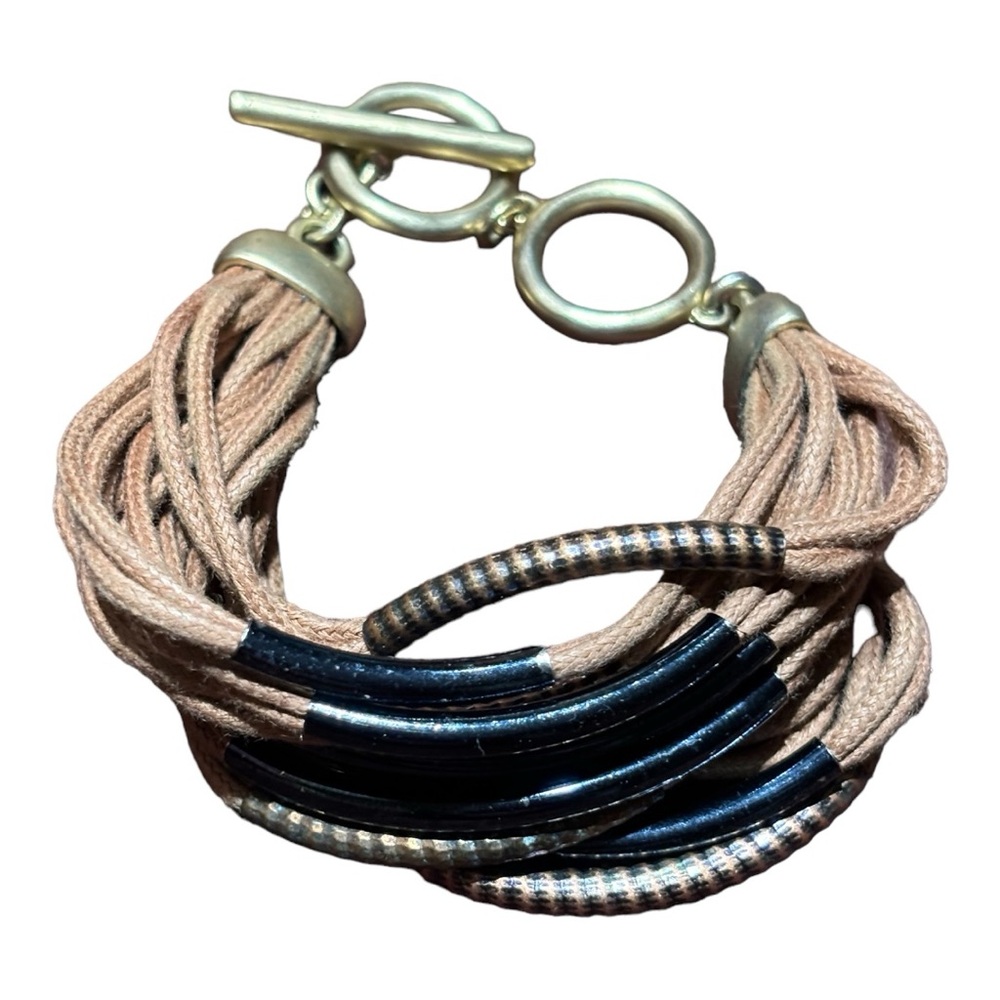 Twelve Double Strand Cord Toggle Closure Bracelet Tan/Green/Silver Women's